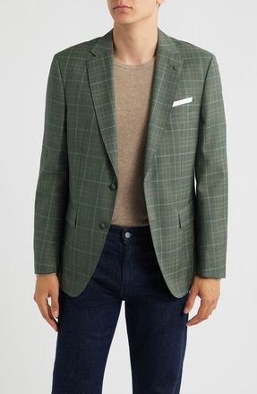 BOSS Hutson Slim Fit Green Windowpane Check Virgin Wool Sport Coat at Nordstrom, Size 40