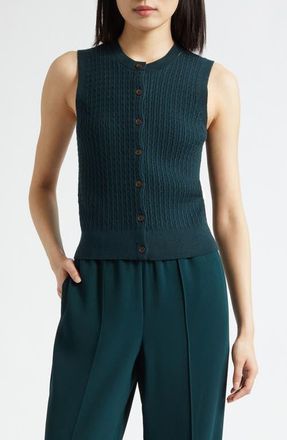 Vince Sleeveless Cable Stitch Merino Wool Blend Cardigan in Juniper at Nordstrom, Size Xx-Small