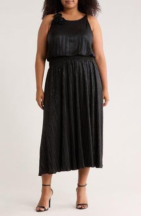 OLEG CASSINI Rosette Sleeveless Foil Pleated Dress in Black at Nordstrom Rack, Size 3 X