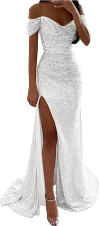 Generic Evening Dresses for Women UK Sequins Wedding Guest Bridesmaid Maxi Dress Off The Shoulder High Split Floor Length Prom Ball Gowns Sparkly Glitter Part