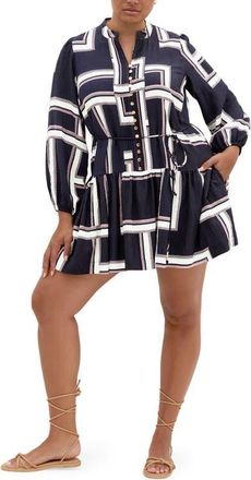 City Chic Laurie Print Long Sleeve Dress in Sleek Stripes Navy at Nordstrom, Size Xxs