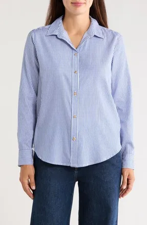 Beach Lunch Lounge Bentley Stripe Long Sleeve Cotton Button-Up Shirt in Blue Stone at Nordstrom, Size X-Small
