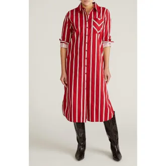 Universal Standard Odeon Long Sleeve Stretch Poplin Midi Shirtdress in Red/Black/White at Nordstrom, Size Xl