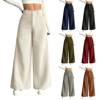 Generic Womens Wide Leg Corduroy Trousers Elasticated Waist Womens High Waist Elastic Trousers Soft Travel & Work Trouser With Pockets Ladies Barrel Pants Loo