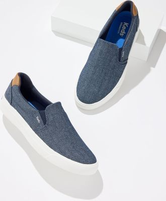 Keds Chambray Pursuit Slip-On Sneakers - Navy Blue/Cognac - 5 1/2 M Talbots