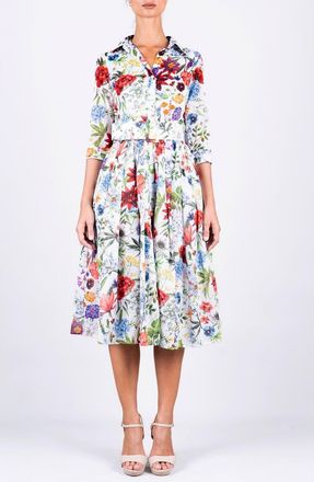 Samantha Sung Multicolor Botanic Pleated Midi Shirtdress in White at Nordstrom, Size 14