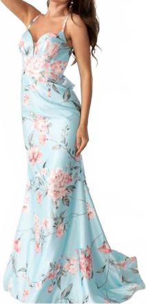 Rachel Allan Floral Print Fitted Ruffled Gown In Sky Blue Multi