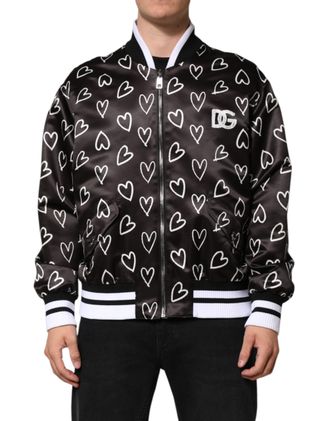Dolce & Gabbana Black Polyester Heart Print Bomber Mens Jacket