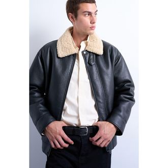 Topman Faux Leather & Faux Shearling Bomber Jacket in Black at Nordstrom, Size X-Large