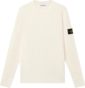 Stone Island Geribbelde Wol Crewneck Trui - Heren - Ronde hals truien - Beige - XL - Wol - Truien & Vesten