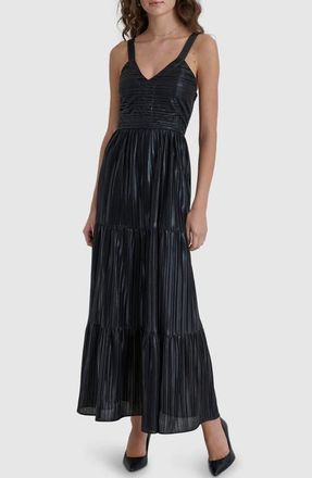 DKNY Foil Pliss&eacute; Sleeveless Maxi Dress in Black at Nordstrom, Size X-Small