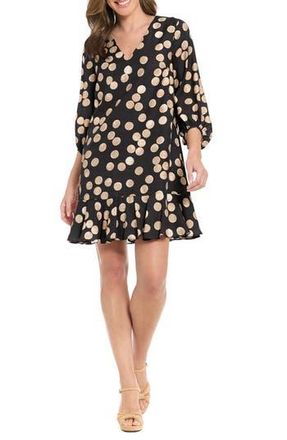 London Times Polka Dot Balloon Sleeve Ruffle Hem Shift Dress in Black/Onyx/Mahagony Rose at Nordstrom Rack, Size X-Large