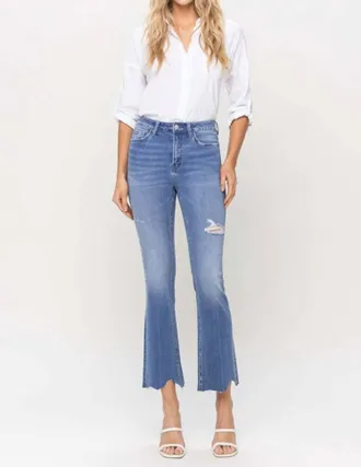 Flying Monkey Scalloped Hem High Rise Kick Crop Flare Jeans In Light Wash