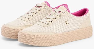 Tommy Hilfiger Womens Mixed-Texture Canvas Platform Sneaker - Classic Beige/Fuchsia - US 9 / EU 40