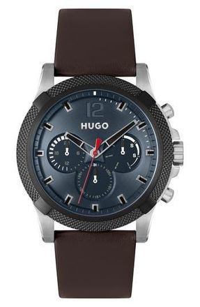 BOSS Impress Chronograph Leather Strap Watch, 46mm in Blue Dial at Nordstrom Rack