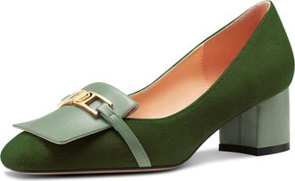 Castamere Womens Chunky Block Mid Heel Square Toe Slip-on Metal Chain Pumps Court Shoe Wedding Prom Dress 5 CM Heels Emerald Green 7 UK