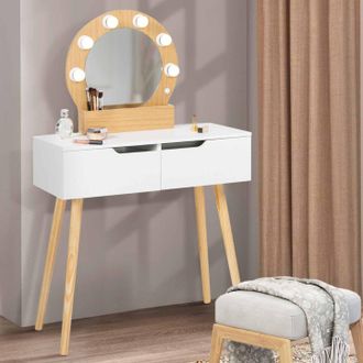 IDMarket Idmarket - Horia Tocador Escandinavo De 2 Cajones En Madera Y Blanco Con Espejo Led