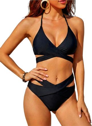 Holipick Two Piece Bikini Sets for Women High Waisted Bikini Push Up Swimsuit Halter Wrap Criss Cross Bathing Suit, Black, 22 Plus