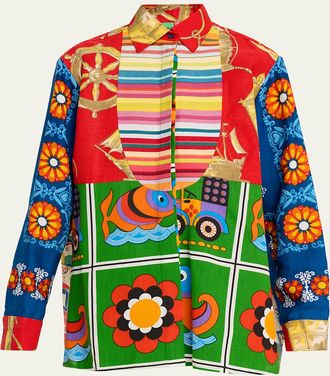 Rianna + Nina Mixed-Print Bib Button-Down Shirt