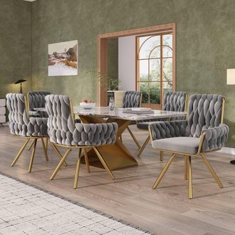 Merax Set of 6 Velvet Swivel Dining Chair with Arms & Backrest in Grey
