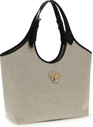Versace Womens Tote Fabric Calf Leather Rope Black Versace Gold Cotton Shoulder Bags