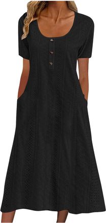 Generic HAOLEI Womens T-Shirt Dress with Pockets,Ladies Summer Eyelet Maxi Dress Elegant Short Sleeve Casual Button Round Neck Long Dresses Pleated A Line Flo