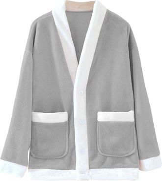 Generic Womens Fuzzy Fleece bed Jacket Soft Cozy Warm V-Neck Button up Sleepwear Long Sleeve Winter Pajama with Pockets