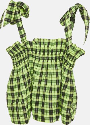 Ganni Ganni Neon Green/black Checks Cotton Blend Shirring Top