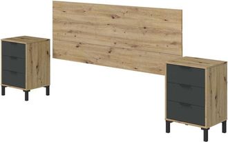 Forés Comodino, Set camera da letto, Testiera letto e 2 Comodini a 3 cassetti, cm 160x2, Rovere effetto nodi e Antracite