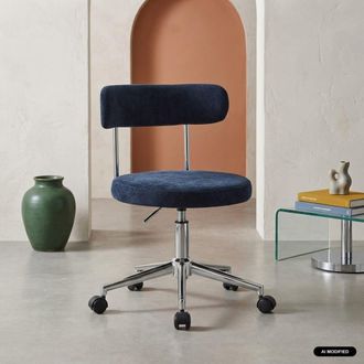 Sweeek Silla de oficina vintage de tela con ruedas, azul