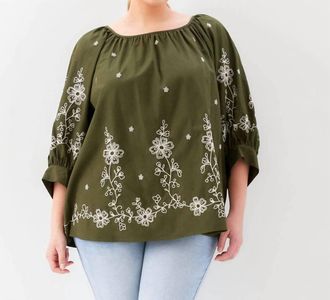 Karen Kane Embroidered Blouson Sleeve Top In Olive