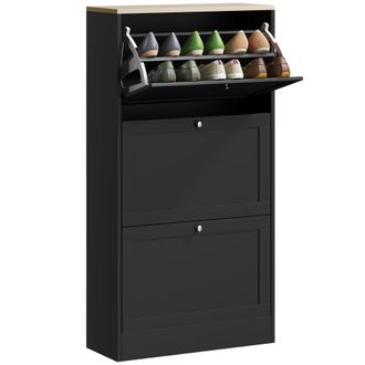 OEM Mueble Zapatero Moderno Con 3 Cajones Abatibles Y Estantes Ajustables Para 18 Pares De Zapatos 60x23,5x115 Cm Negro