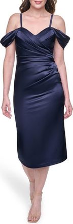 Eliza J Pleated Satin Off the Shoulder Midi Dress in Navy at Nordstrom, Size 6