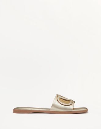 Valentino Garavani Sandalo Slide VLogo Cut-Out In Nappa Laminata Donna PLATINO/ANTIQUE BRASS 35.5