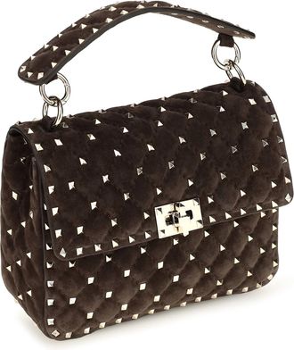 Valentino Garavani Womens Medium Rockstud Spike Suede Top Handle Bag Ebony Brown Calf Leather Bos Taurus Shoulder