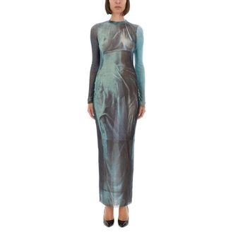 Jean Paul Gaultier Kleedjes, Dames, Veelkleurig, S, Long Sleeve Printed Mesh Maxi Dress