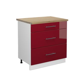 Vicco Mueble Bajo De Cocina Fame-line, Rojo Burdeos Alto Brillo, 80 Cm Con 3 Cajones, Et Roble