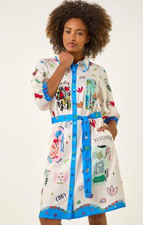 Roman Motif Print Tie Waist Shirt Dress