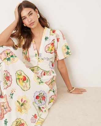 Nobody's Child Starlight - Vestito midi con maniche a sbuffo e stampa di frutta stile cartolina-Multicolore