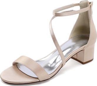 Generic Womens Low Block Heel Satin Bridal Open Toe Chunky Heels Wedding Shoes Pearl Wedding Heels Bridal Shoes 4.5Cm,Champagne,10 UK