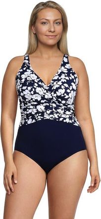 Lands End SlenderSuit Wrap One Piece Swimsuit in Navy Blossom Floral at Nordstrom, Size 22W
