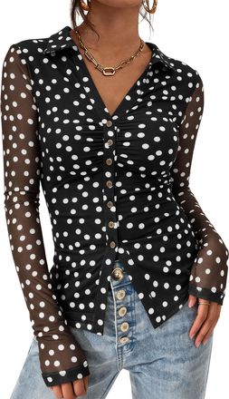 PrettyGarden Women Button Down Floral Shirts 2025 Fall Trendy Long Sleeve V Neck Ruched Mesh Boho Blouse Tops Date Outfits, 01 Dot Black White, M