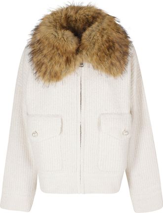 Essentiel Cropped Knitted Bomber Jacket With Detachable Faux Fur Collar