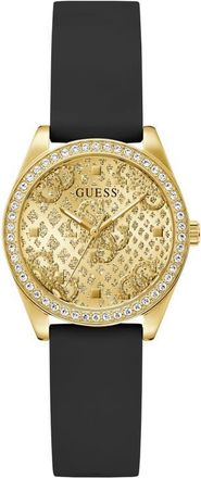 Guess Boa Crystal Bezel Goldtone Silicone Strap Watch, 32mm in Champagne at Nordstrom