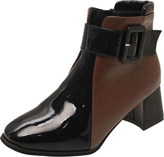 Generic Womens Fashion Patchwork Ankle Boots with Buckle Strap Decor Comfort Square Toe Block Heel Back Zipper Short Booties (7.5,Coffee)