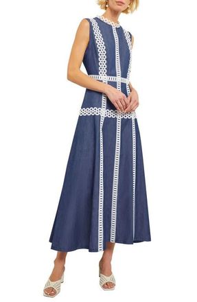 Misook Eyelet Trim Sleeveless Cotton Dress in Mazarine/white at Nordstrom, Size X-Large