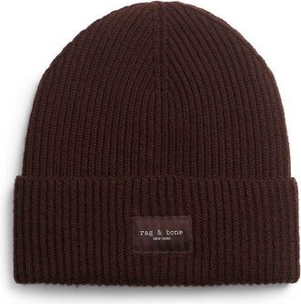 Rag & Bone Blake Logo Patch Wool Blend Rib Beanie in Chocobro at Nordstrom