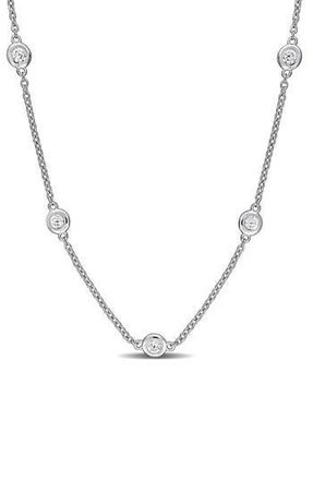 Delmar Sterling Silver Lab Grown White Sapphire Station Chain Necklace in Metallic Silver at Nordstrom Rack