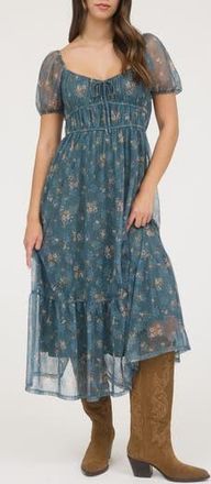 Blu Pepper Puff Sleeve Midi Dress in Moss Green Multi at Nordstrom Rack, Size Medium