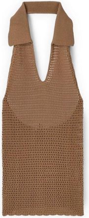Motivi Gebreide top met ajourpatroon en kraag - Dames - V-hals truien - Bruin - M - Nylon - Truien & Vesten